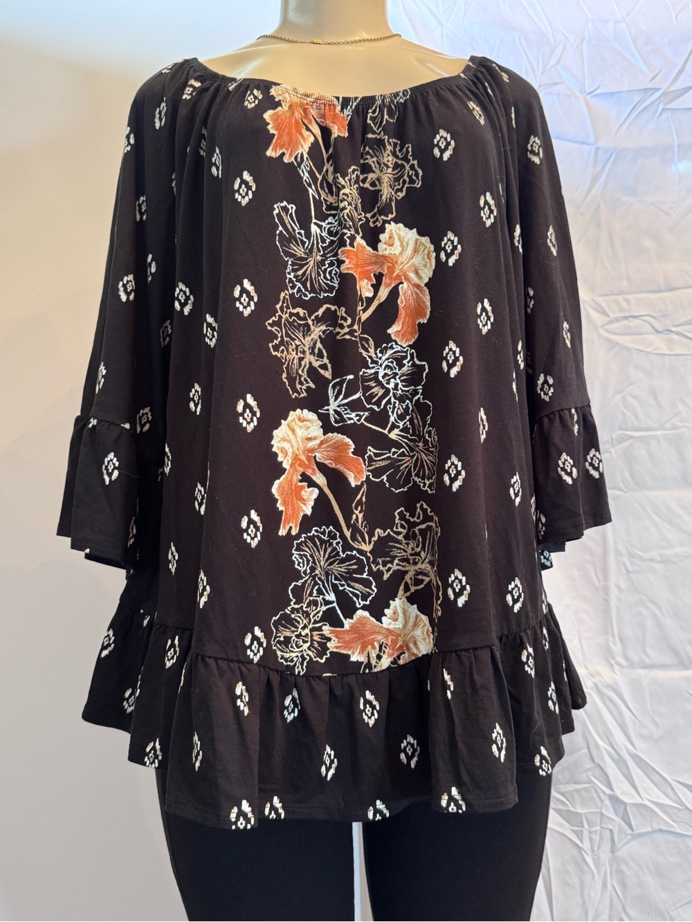 Style & Co. Black Peasant Blouse with Orange Floral Embroidery